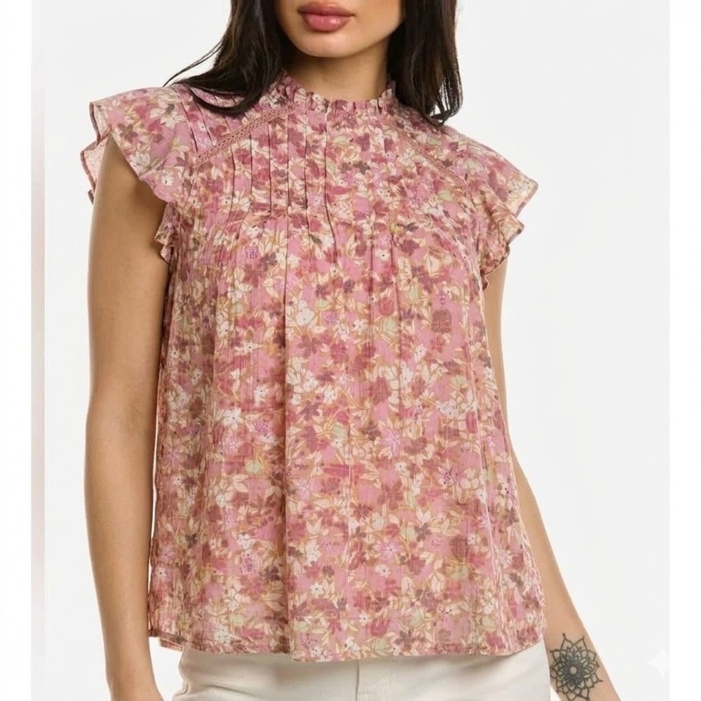 NANETTE LEPORE S Pink Orange Floral‎ Pintuck Blouse Flutter Sleeve Ruffle Neck